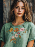 Boho Ethnic Floral Embroidery Women's Linen T-shirt elevenforest
