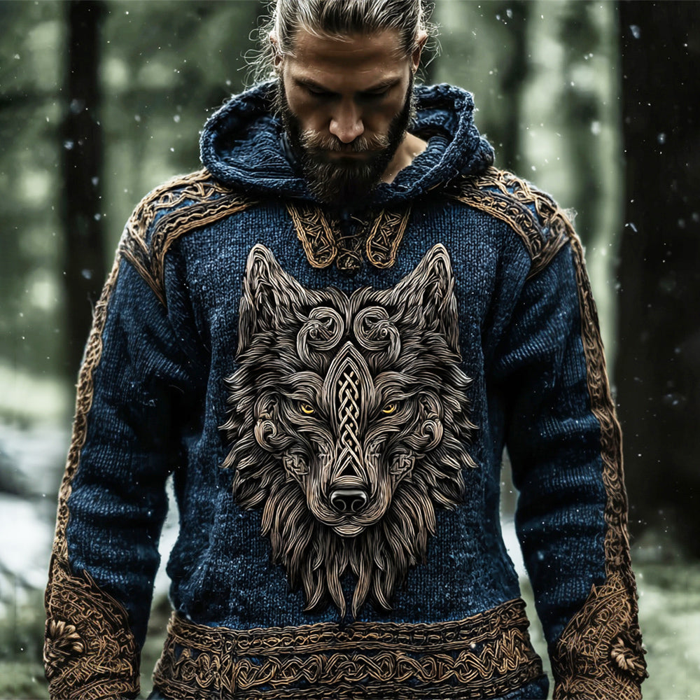 Vintage Wolf Totem Viking Art Men's Hooded Sweater elevenforest