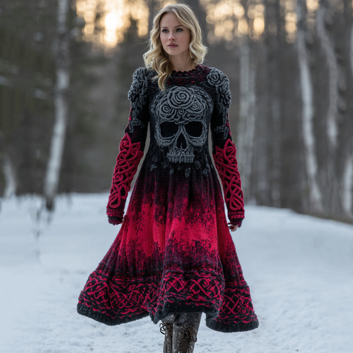 Comstylish Vintage Viking Tribal Celtic Skull Gradient Art Comfy Sweater Long Dress