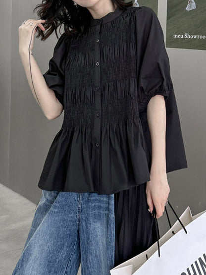 Loose Puff Sleeves Pleated Color Round-neck Blouses&shirts Tops