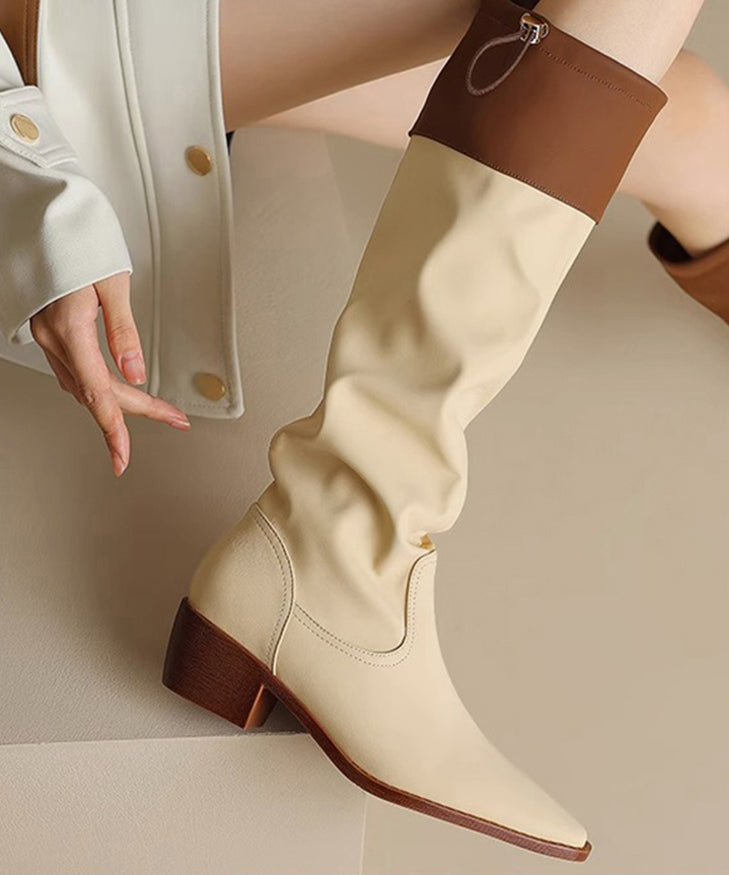 Black Faux Leather Splicing Chunky Knee Boots