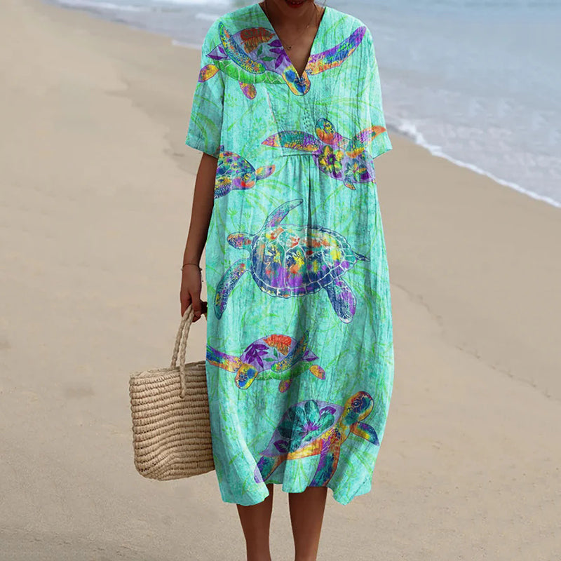 Comstylish Women's Resort Collection Watercolor Turtle Pattern Pattern Casual Flowy Midi Dress