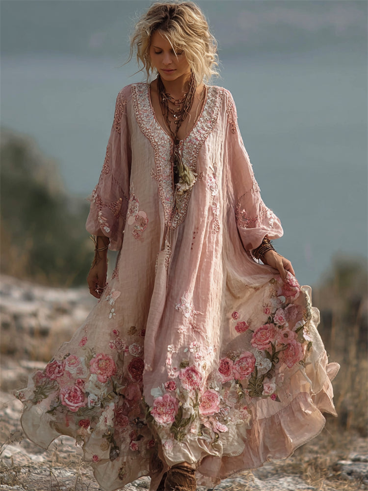 Vintage Boho Pink Roses Embroidered Lace Flowy Linen Maxi Dress elevenforest