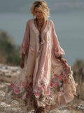 Vintage Boho Pink Roses Embroidered Lace Flowy Linen Maxi Dress elevenforest