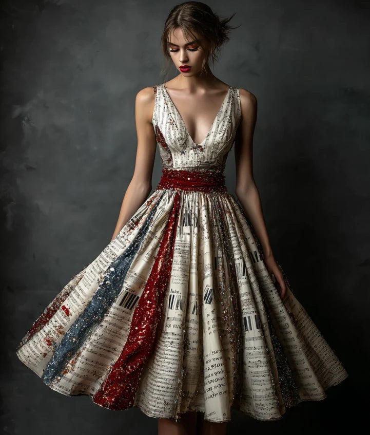 Vintage Sequin Music Notes And Flag Art Midi Dress elevenforest