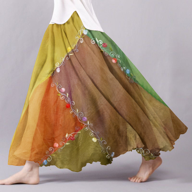 Women's Boho Flowers Art Color Block Linen Blend Skirt elevenforest