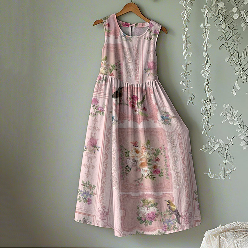 Vintage Floral Round Neck Tank Midi Dress elevenforest