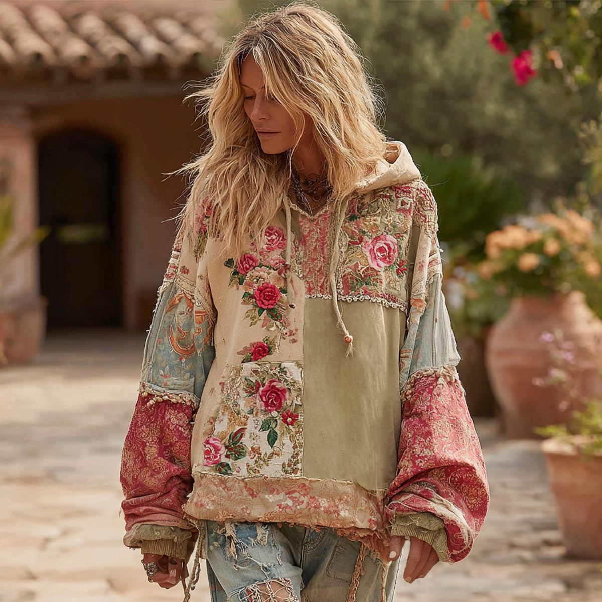Women's Vintage Floral Patchwork Print Long Sleeve Hoodie elevenforest