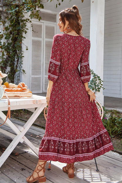 Print Puff Sleeve Loose Maxi Dress