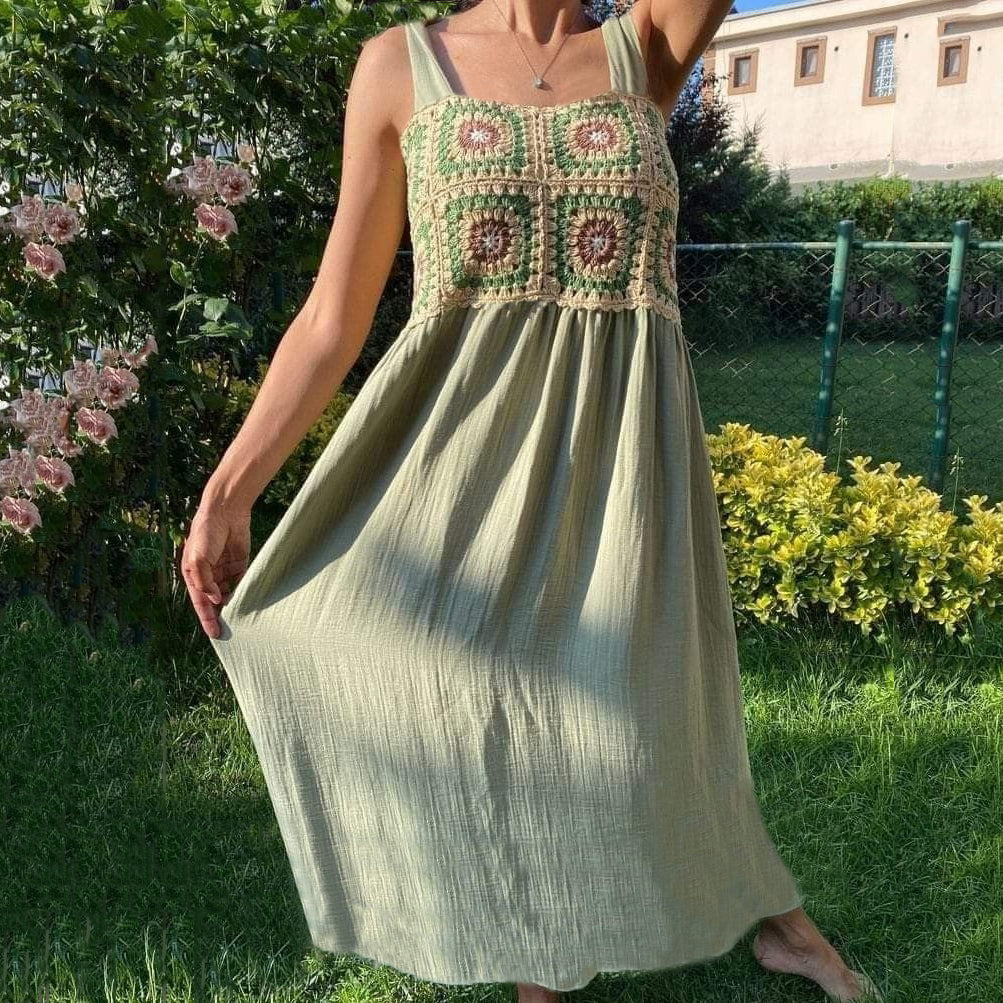 Holiday Style Crochet Patchwork Solid Color Print Linen Maxi Dress elevenforest