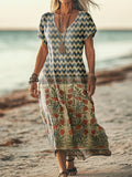Women's Vintage Bohemian Floral Art Print Pocket Cotton Dress