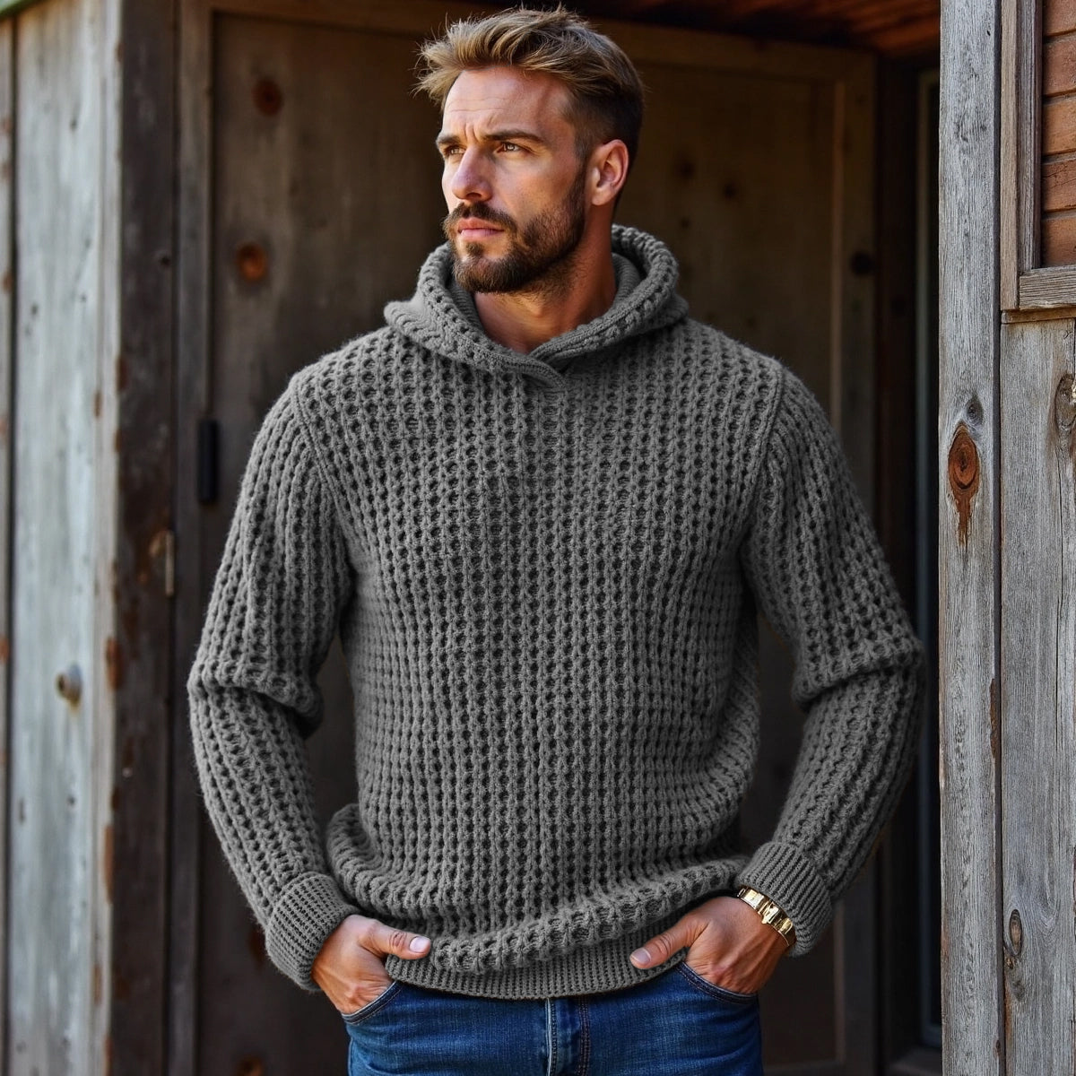 Men's Vintage Plaid Woven Solid Color Hooded Sweater elevenforest