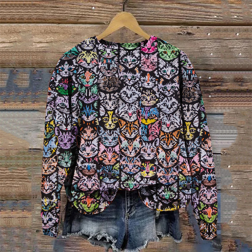 Comstylish Colorful Hand-painted Cat Crew Neck Sweatshirt