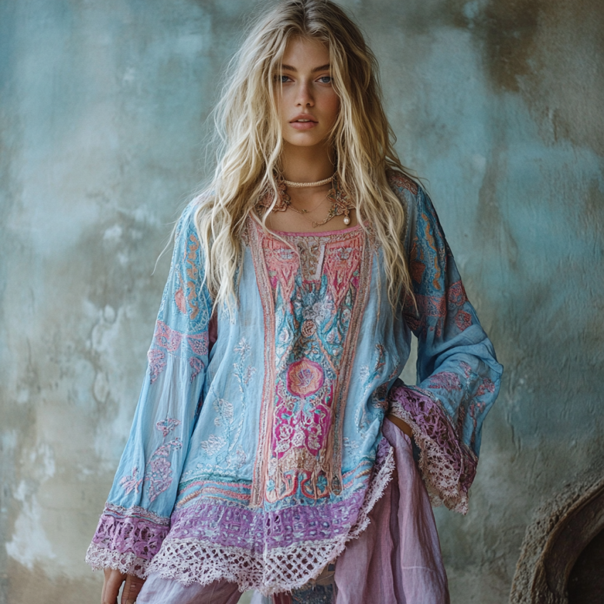 Comstylish Retro Bohemian Boho Purple Floral Embroidered Color Block Patchwork Linen Blend Loose Tunic