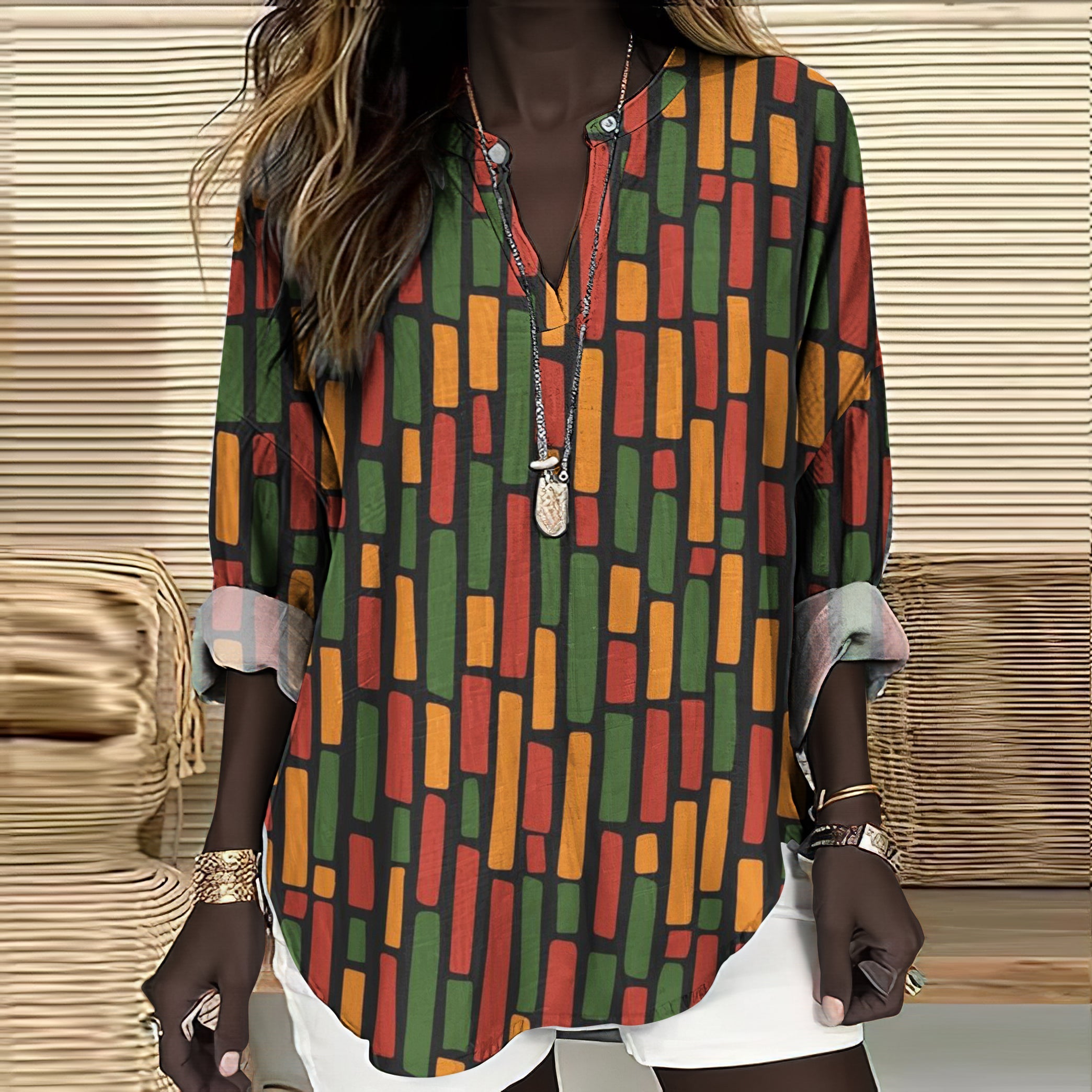 Comstylish Juneteenth Contrast Stripe Print V-neck Linen Blend Blouse