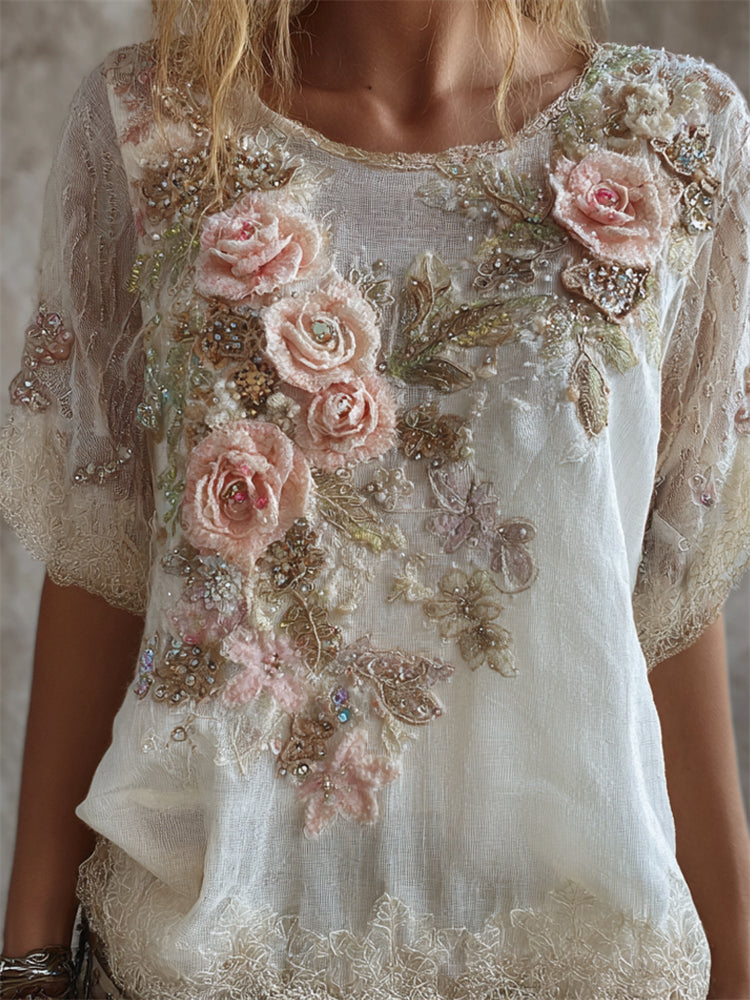Boho Pink Roses Glitter Fiber Art Lace Flowy Linen Tunic elevenforest