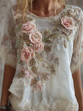 Boho Pink Roses Glitter Fiber Art Lace Flowy Linen Tunic elevenforest