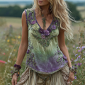 Vintage Green Purple Gradient Floral Embroidered V-neck Linen Blend Casual Tank Top elevenforest