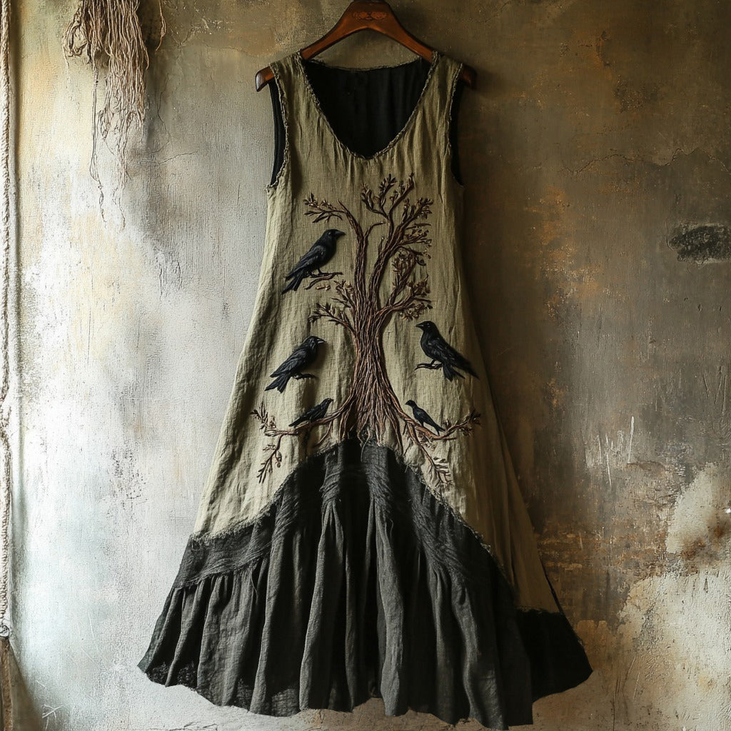 Vintage Viking Raven Life Of Tree Graphics Linen Tank Dress elevenforest