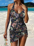 Vintage Floral Print Pleated Drawstring V-neck Tankini Pantskirt Set Swimsuit