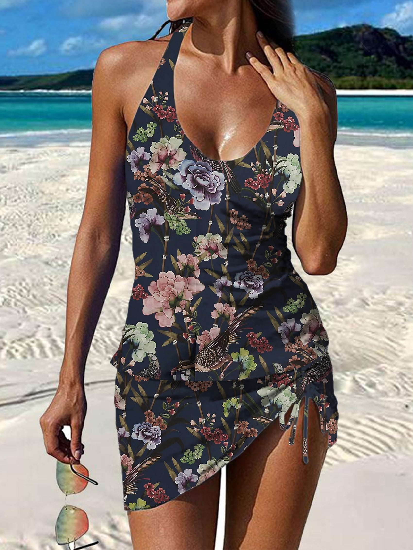 Vintage Floral Print Pleated Drawstring V-neck Tankini Pantskirt Set Swimsuit
