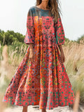 Women's Vintage Ethnic Floral Art Print Flowy Cotton Crew Neck Dress