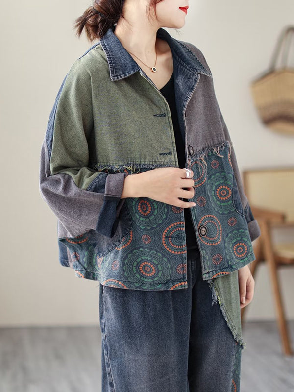 Contrast Color Fringed Split-joint Long Sleeves Printed Outwear + Harem Pants Two Pieces Set