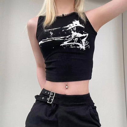 2000s E-girl Print Sleeveless Tank Top Summer Y2k Ribbed Grunge Crop Top Harajuku Vest Tee Street Black Top