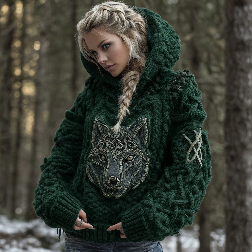 Women's Viking Celtic Wolf Knit Jacquard Warm Hooded Sweater elevenforest