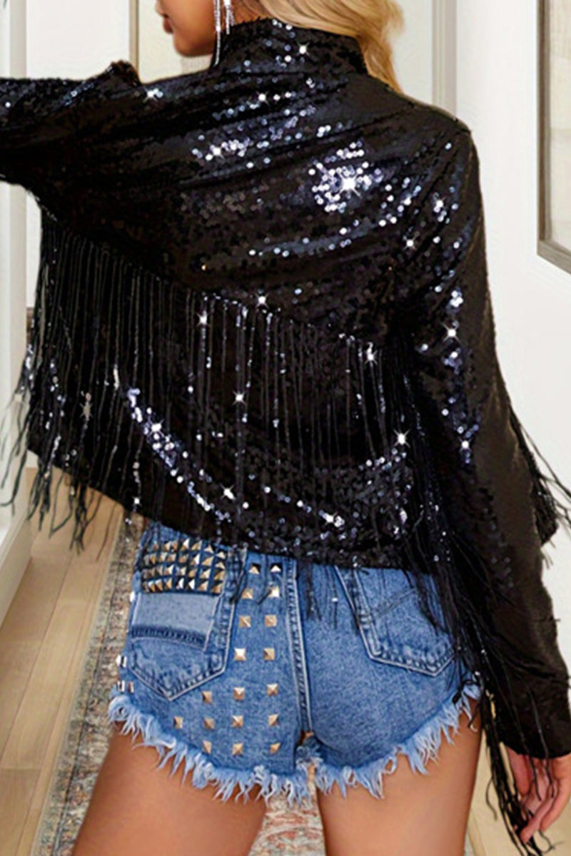 Tassel Sequined Mandarin Collar Outerwear