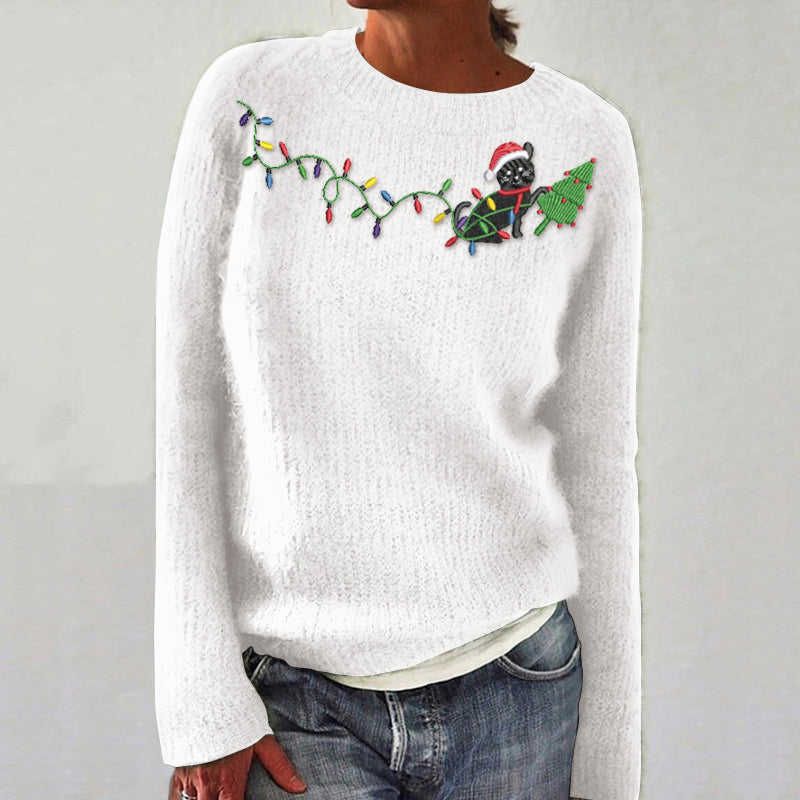 Women's Christmas Cat Light Embroidery Art Knitted Casual Sweater elevenforest