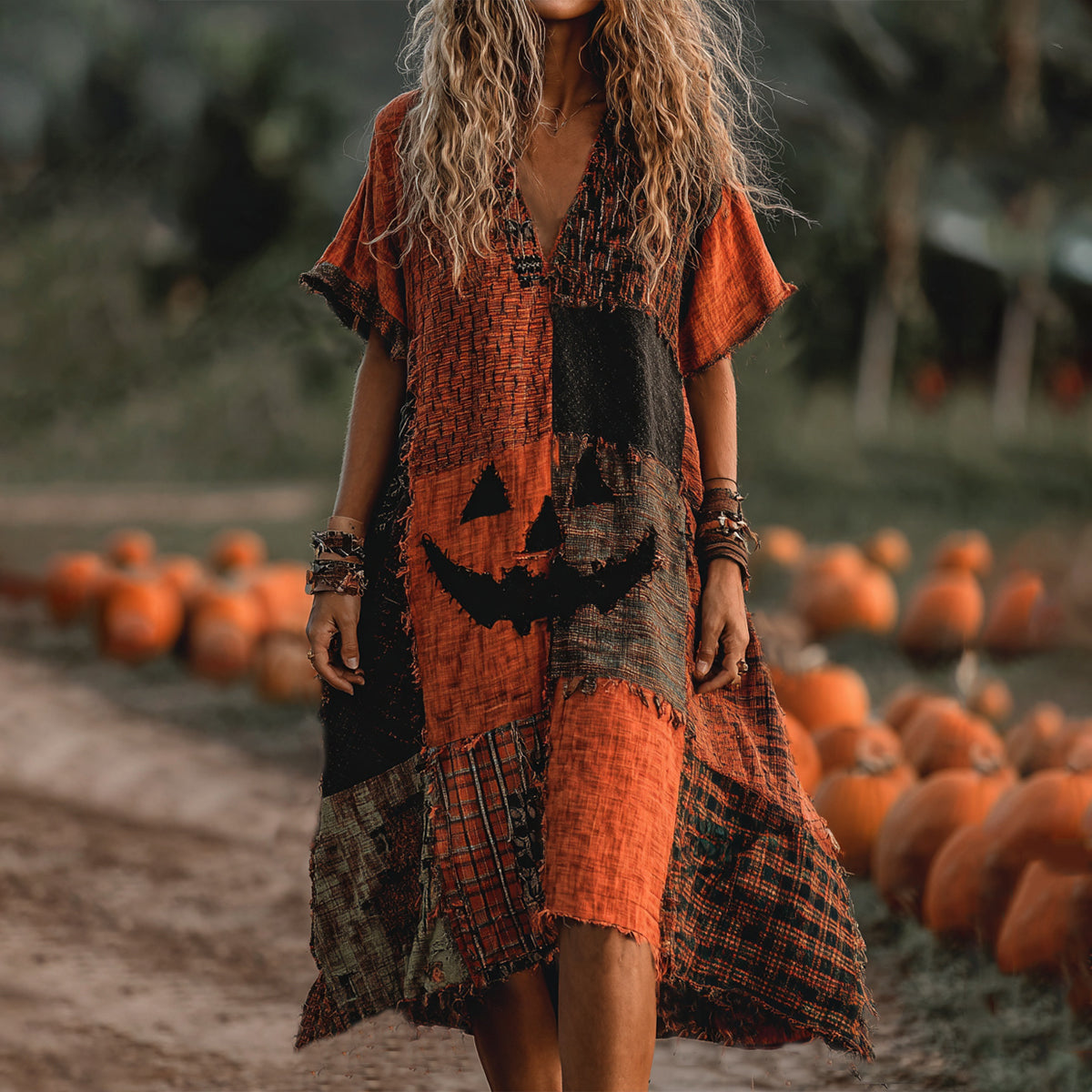 Vintage Halloween Pumpkin Face Patchwork Art Linen Midi Dress elevenforest
