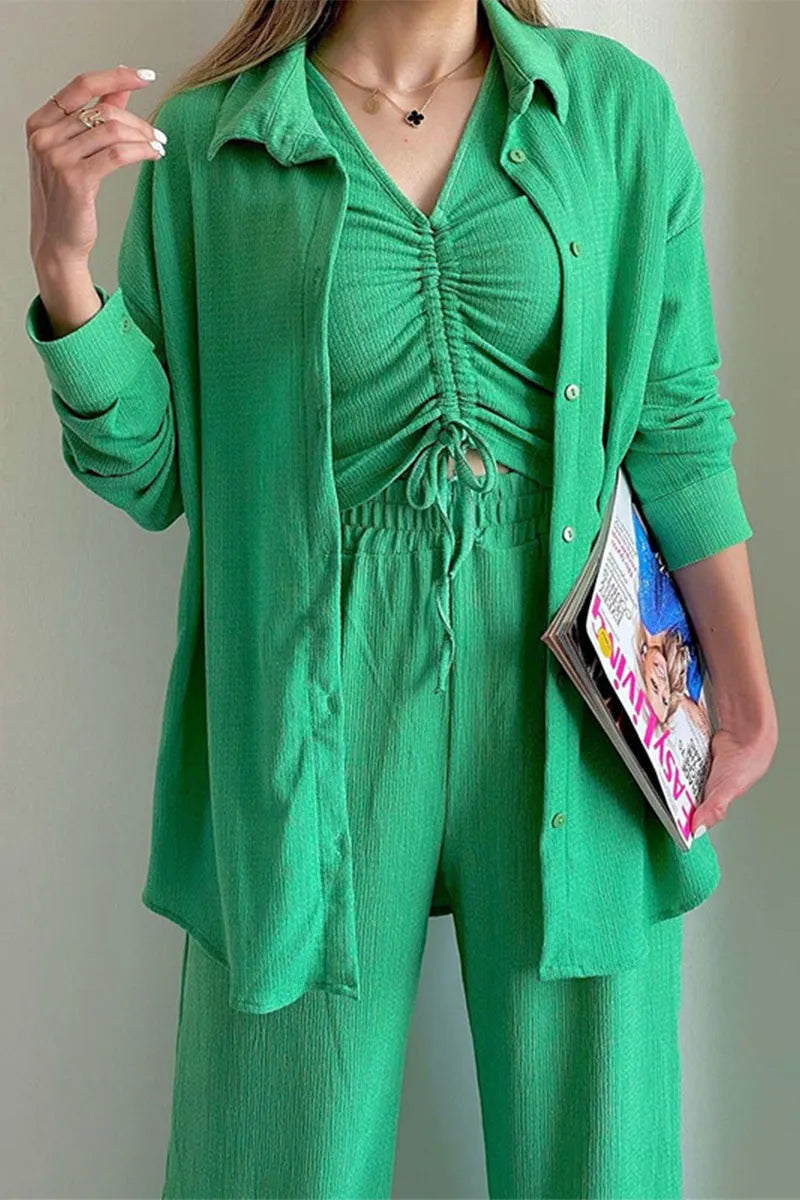 Draw String Fold Turndown Collar Long Sleeve Three Pieces(shirt Vest Trousers)