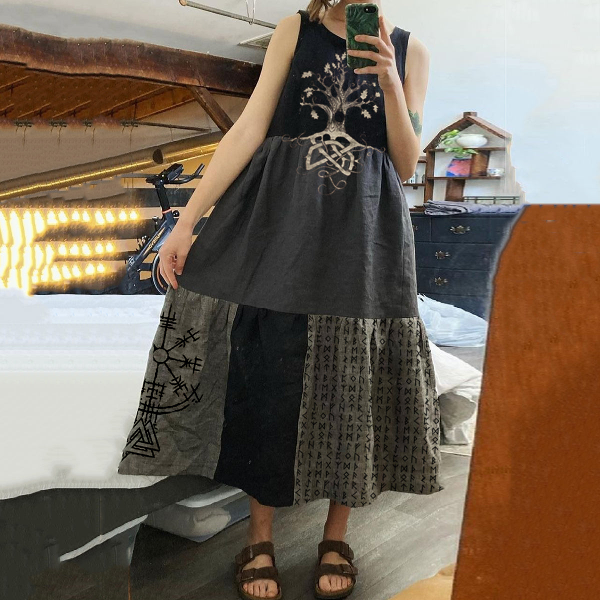 Vintage Tribal Tree Of Life Rune Patchwork Art Linen Tank Dress elevenforest