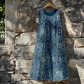Vintage Ethnic Pattern Crew Neck Linen Midi Dress elevenforest