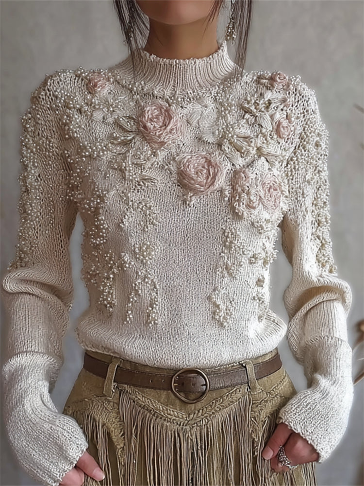 Classy Roses Pearls Beaded Turtleneck Cozy Knit Sweater elevenforest