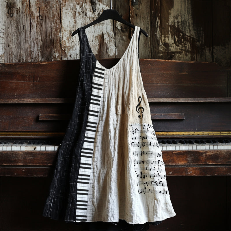 Vintage Music Notes & Piano Inspired Contrast Linen Dress elevenforest