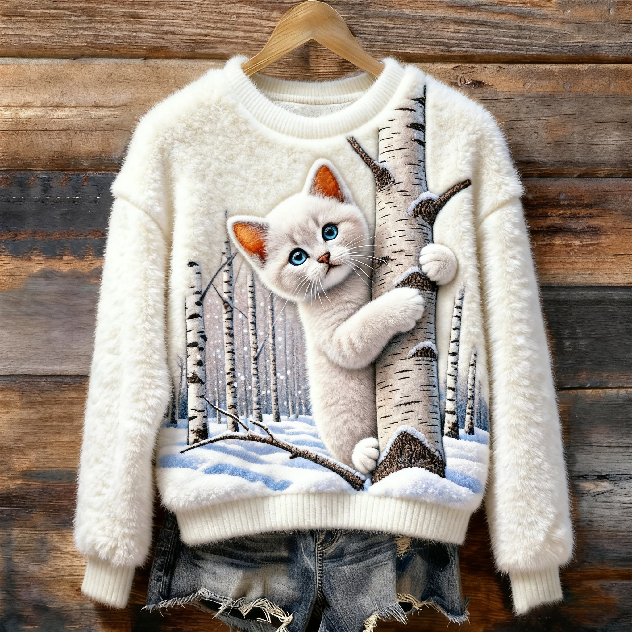 Comstylish Christmas Cat Art Women's Cozy Plush Sweater