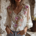 Bohemian Style V-neck Butterfly And Flower Embroidery Cotton And Linen Top elevenforest