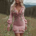 Women's Pink Rose Embroidered Art V Neck Knit Mini Sweater Dress elevenforest