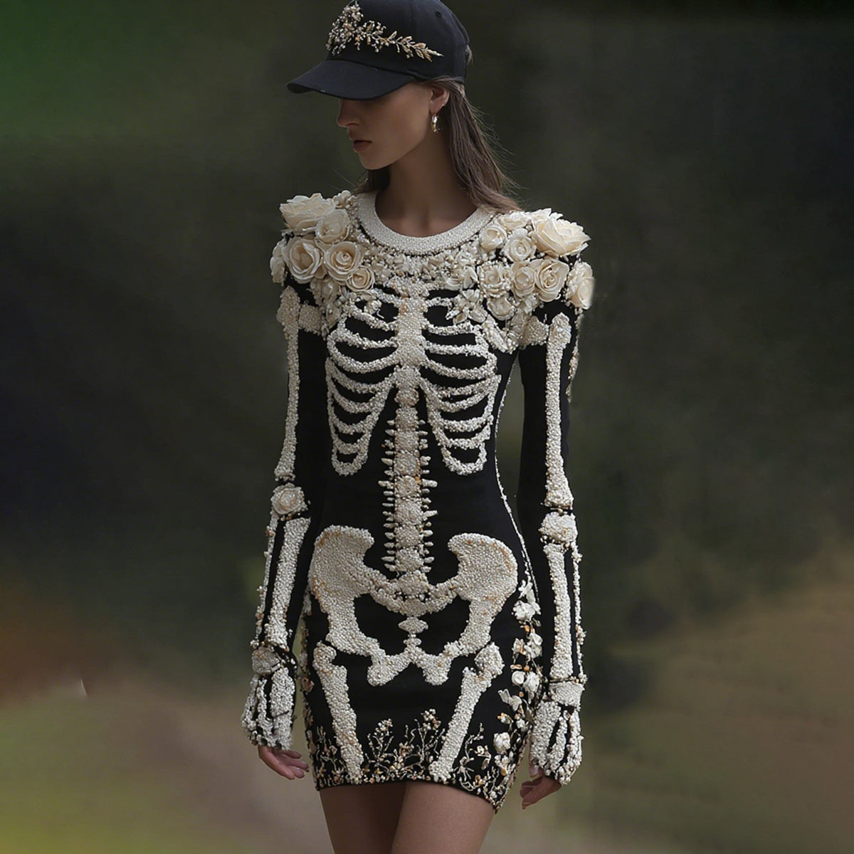 Women's Halloween Skeleton Bones With Rose Art Cozy Knit Mini Sweater Dress elevenforest