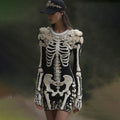 Women's Halloween Skeleton Bones With Rose Art Cozy Knit Mini Sweater Dress elevenforest