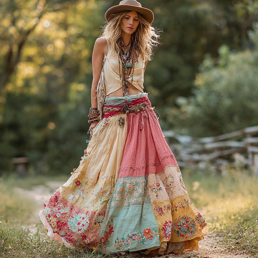 Women's Retro Floral Stitching Casual Skirt elevenforest