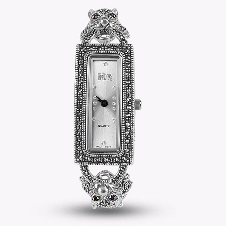 White Sterling Silver Metal Stainless Steel Organic Glass Leopard Head Wrist Watch