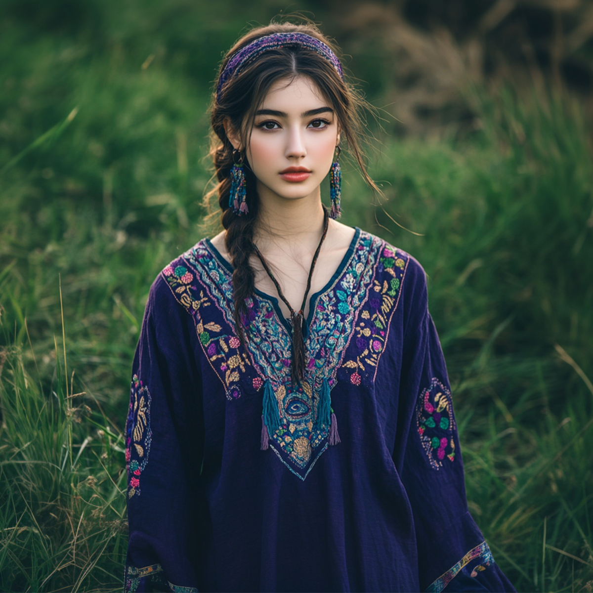 Boho Purple Floral Tassel Art Linen Blend Loose Blouse elevenforest