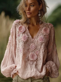 Bohemian Retro Countryside Style Plant Flower Design Cotton And Linen Women's Long-sleeve Shirt elevenforest