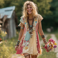 Women's Floral Patchwork Art Short-sleeved V-neck Dress elevenforest