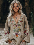 Retro Bohemian Floral Embroidered Linen Blend Loose Shirt elevenforest