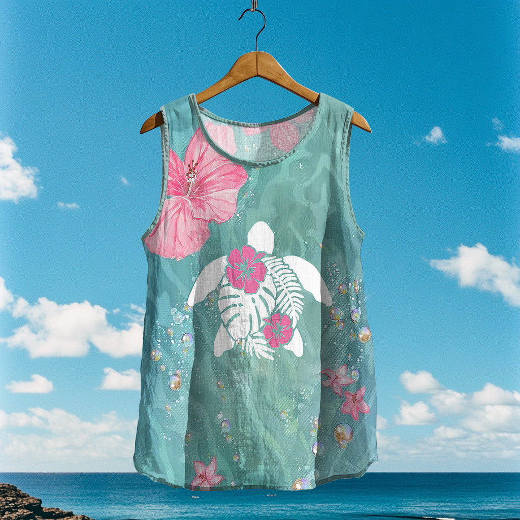 Women's Loose Sea ​​turtle In Floral Linen Sleeveless Tank Top elevenforest