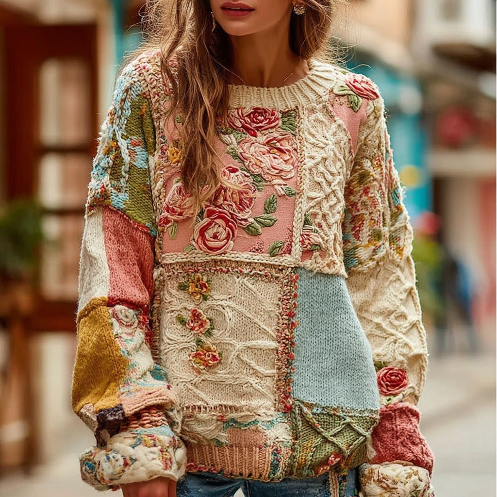 Women's Vintage Chunky Needle Rose Floral Stitching Warm Crew Neck Sweater elevenforest